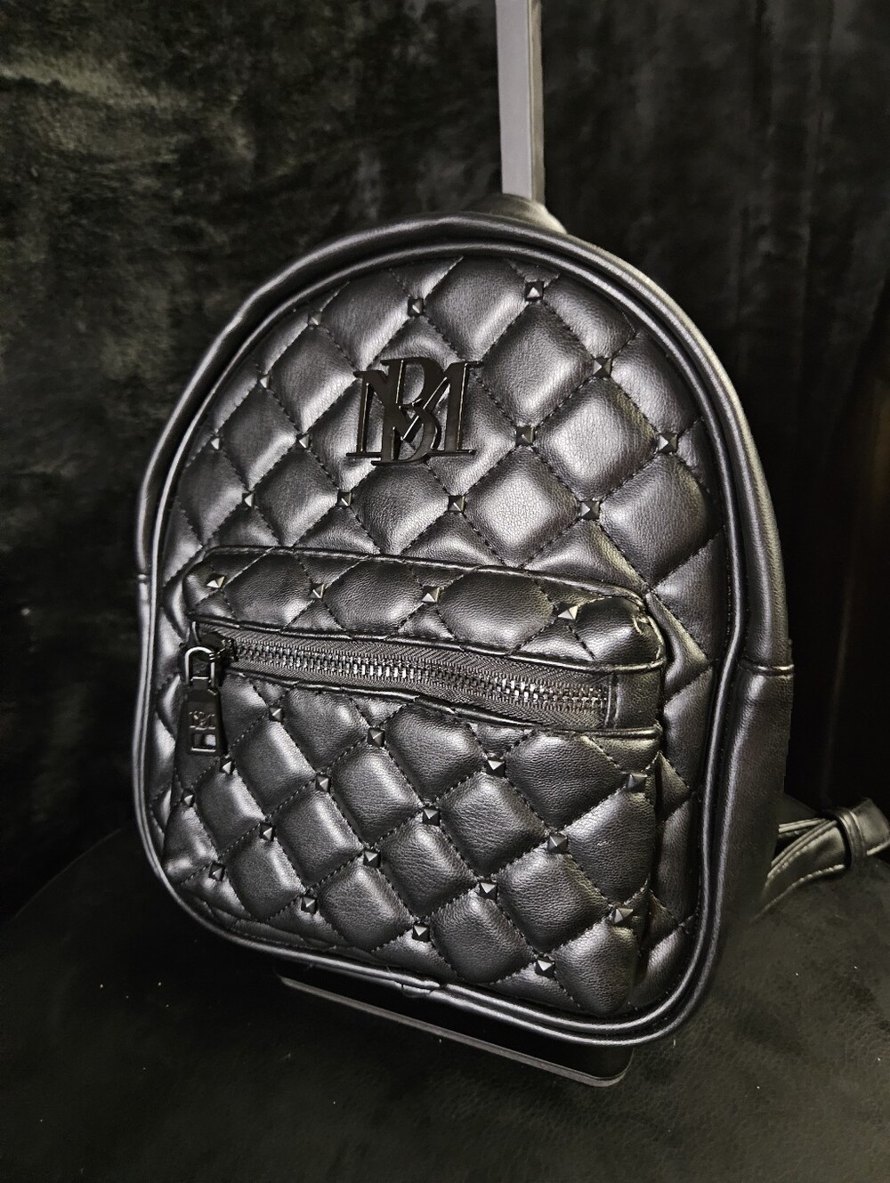 Badgley Mischka Black Quilted Mini Backpack with Stud Accents